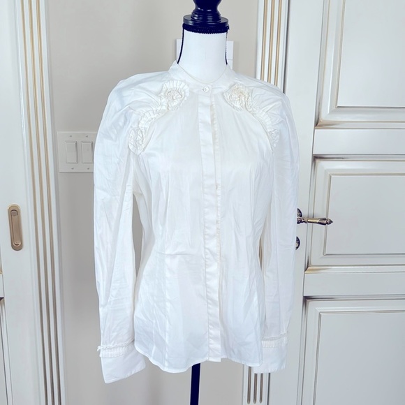 BCBGMAXAZRIA Ivory Rosette Fitted Dress Shirt Size L - Picture 1 of 12